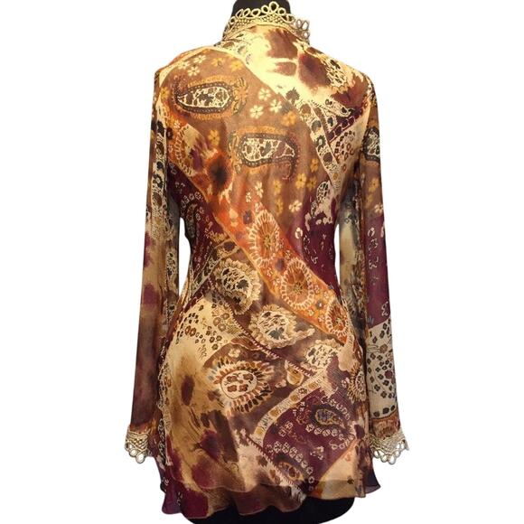 Cache Gold Silk Shimmer Lined Embellished Peasant Boho Lace Up Top New $138 NWT - Picture 3 of 3
